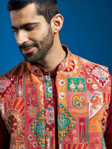 Men's Multicolor Crepe Printed Embroidered Sequinned Full Sleeves Nehru Jacket
