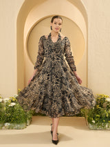 Women's Embellished Floral Printed Puff Sleeve Fit and Flare Midi Dress