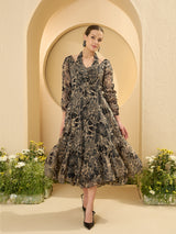 Women's Embellished Floral Printed Puff Sleeve Fit and Flare Midi Dress