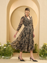 Women's Embellished Floral Printed Puff Sleeve Fit and Flare Midi Dress