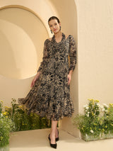Women's Embellished Floral Printed Puff Sleeve Fit and Flare Midi Dress