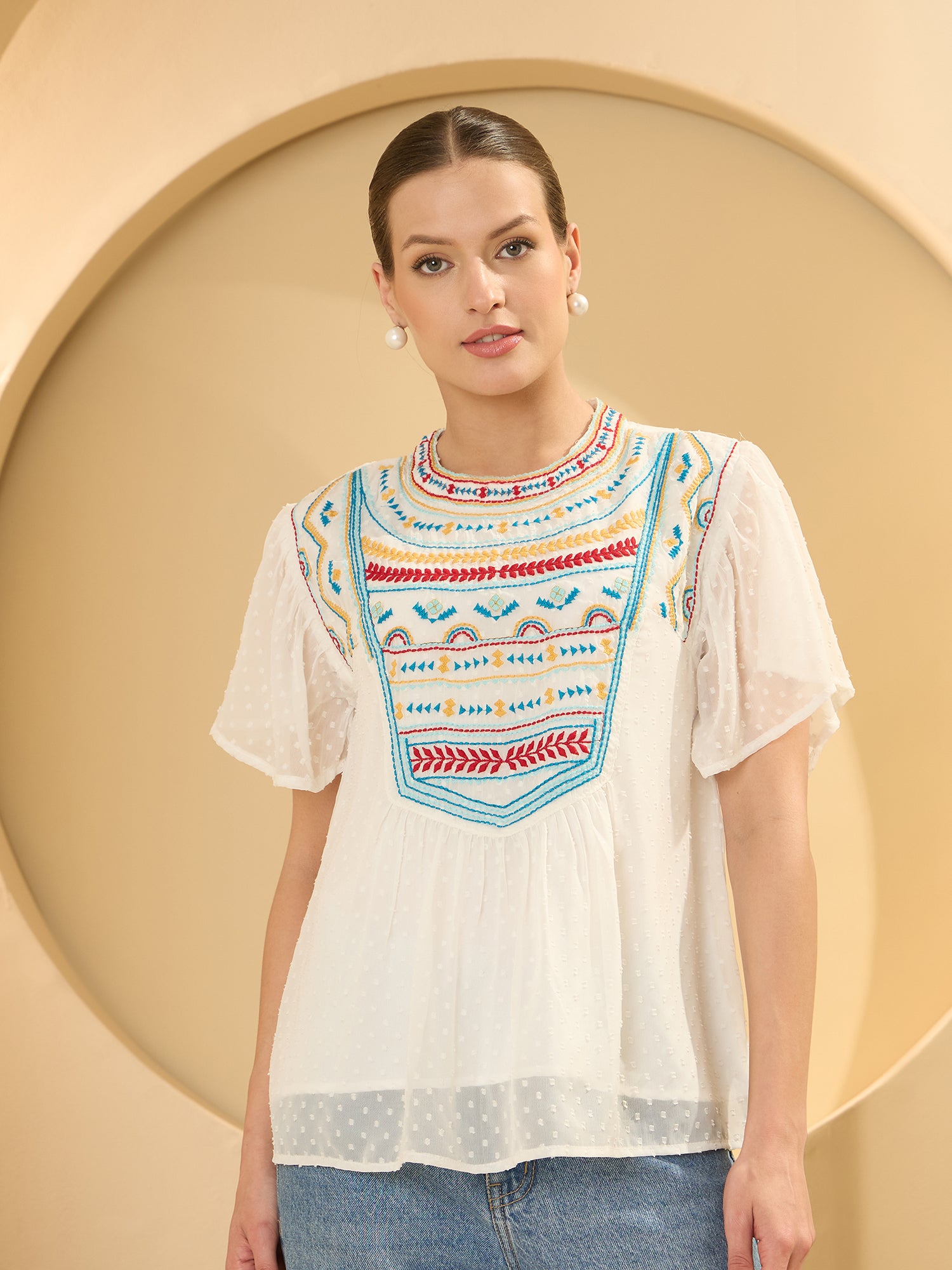Women's White White Self Design A-Line Top