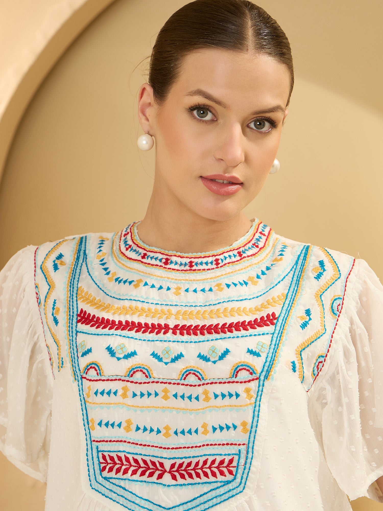 Women's White White Self Design A-Line Top