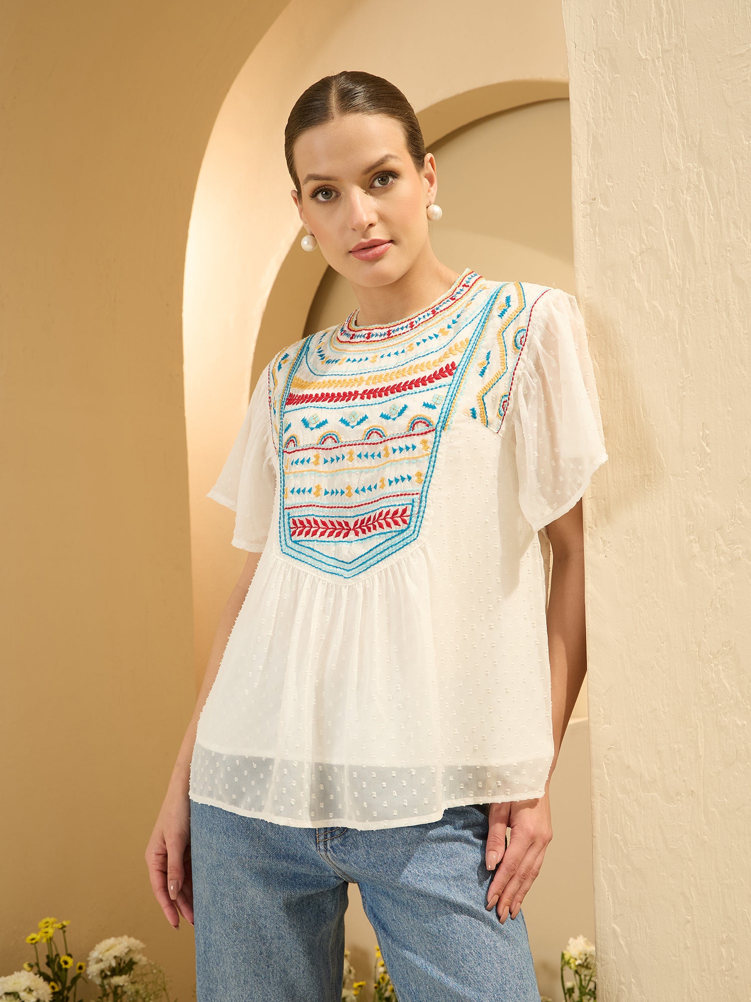 Women's White White Self Design A-Line Top