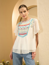Women's White White Self Design A-Line Top
