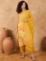 Women's Yellow Spaghetti Strap Straight Floral Kurta Set