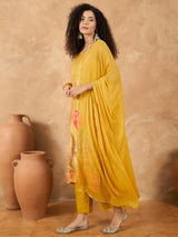 Women's Yellow Spaghetti Strap Straight Floral Kurta Set