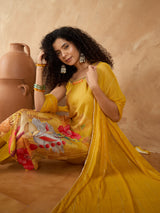 Women's Yellow Spaghetti Strap Straight Floral Kurta Set