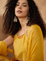 Women's Yellow Spaghetti Strap Straight Floral Kurta Set