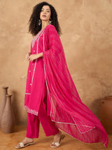 Women's Pink Kurta Adorned With Trousers And Paired With Dupatta