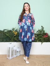 Women's Blue Ethnic Three Quarter Sleeves Kurta Set