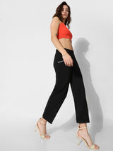 Women's Black Knitted Casual Solid Cropped Legging