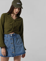 Women's Green Woven Casual Solid Cropped Full Sleeves Shirt