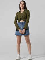 Women's Green Woven Casual Solid Cropped Full Sleeves Shirt