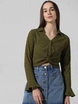 Women's Green Woven Casual Solid Cropped Full Sleeves Shirt