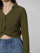 Women's Green Woven Casual Solid Cropped Full Sleeves Shirt