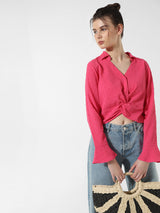 Women's Pink Woven Casual Solid Cropped Full Sleeves Shirt