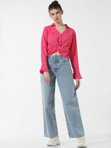 Women's Pink Woven Casual Solid Cropped Full Sleeves Shirt