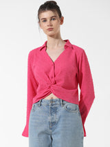 Women's Pink Woven Casual Solid Cropped Full Sleeves Shirt