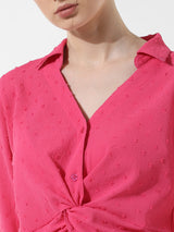 Women's Pink Woven Casual Solid Cropped Full Sleeves Shirt