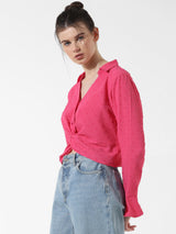 Women's Pink Woven Casual Solid Cropped Full Sleeves Shirt