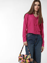 Women's Pink Woven Casual Solid Regular Fit Full Sleeves Top