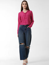 Women's Pink Woven Casual Solid Regular Fit Full Sleeves Top