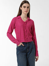 Women's Pink Woven Casual Solid Regular Fit Full Sleeves Top