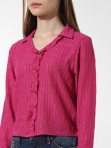 Women's Pink Woven Casual Solid Regular Fit Full Sleeves Top
