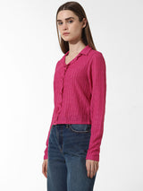 Women's Pink Woven Casual Solid Regular Fit Full Sleeves Top