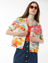 Women's Green Woven Casual Printed Regular Fit Half Sleeves Shirt
