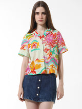 Women's Green Woven Casual Printed Regular Fit Half Sleeves Shirt