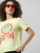 Women's Yellow Knitted Casual Printed Regular Fit Half Sleeves Tshirt
