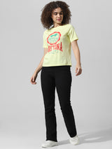 Women's Yellow Knitted Casual Printed Regular Fit Half Sleeves Tshirt
