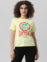 Women's Yellow Knitted Casual Printed Regular Fit Half Sleeves Tshirt