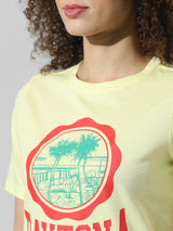 Women's Yellow Knitted Casual Printed Regular Fit Half Sleeves Tshirt