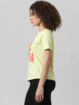 Women's Yellow Knitted Casual Printed Regular Fit Half Sleeves Tshirt