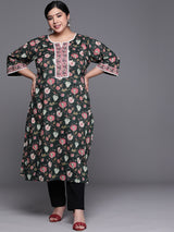Women Black Festive Printed  Three-Quarter Sleeves Kurta