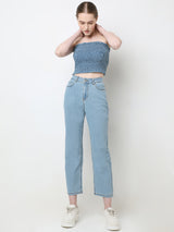 Women's Blue Mid Rise Straight Fit Jeans