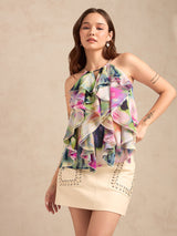 Women's Multicolor Halter Neck Ruffles Flared Printed Top