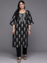 Women Black Daily Printed Three-Quarter Sleeves Kurta