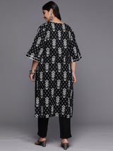 Women Black Daily Printed Three-Quarter Sleeves Kurta