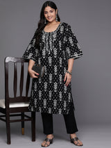 Women Black Daily Printed Three-Quarter Sleeves Kurta