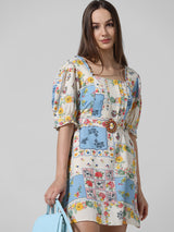 Women's Multicolor Woven Casual Printed Short Sleeves Dress