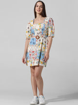 Women's Multicolor Woven Casual Printed Short Sleeves Dress