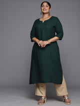 Women Green Festive Embroidered Three-Quarter Sleeves Kurta