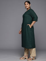 Women Green Festive Embroidered Three-Quarter Sleeves Kurta