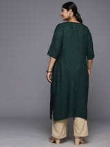 Women Green Festive Embroidered Three-Quarter Sleeves Kurta