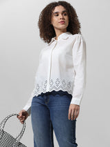 Women's White Woven Casual Solid Regular Fit Full Sleeves Shirt