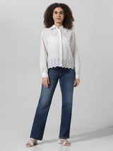 Women's White Woven Casual Solid Regular Fit Full Sleeves Shirt